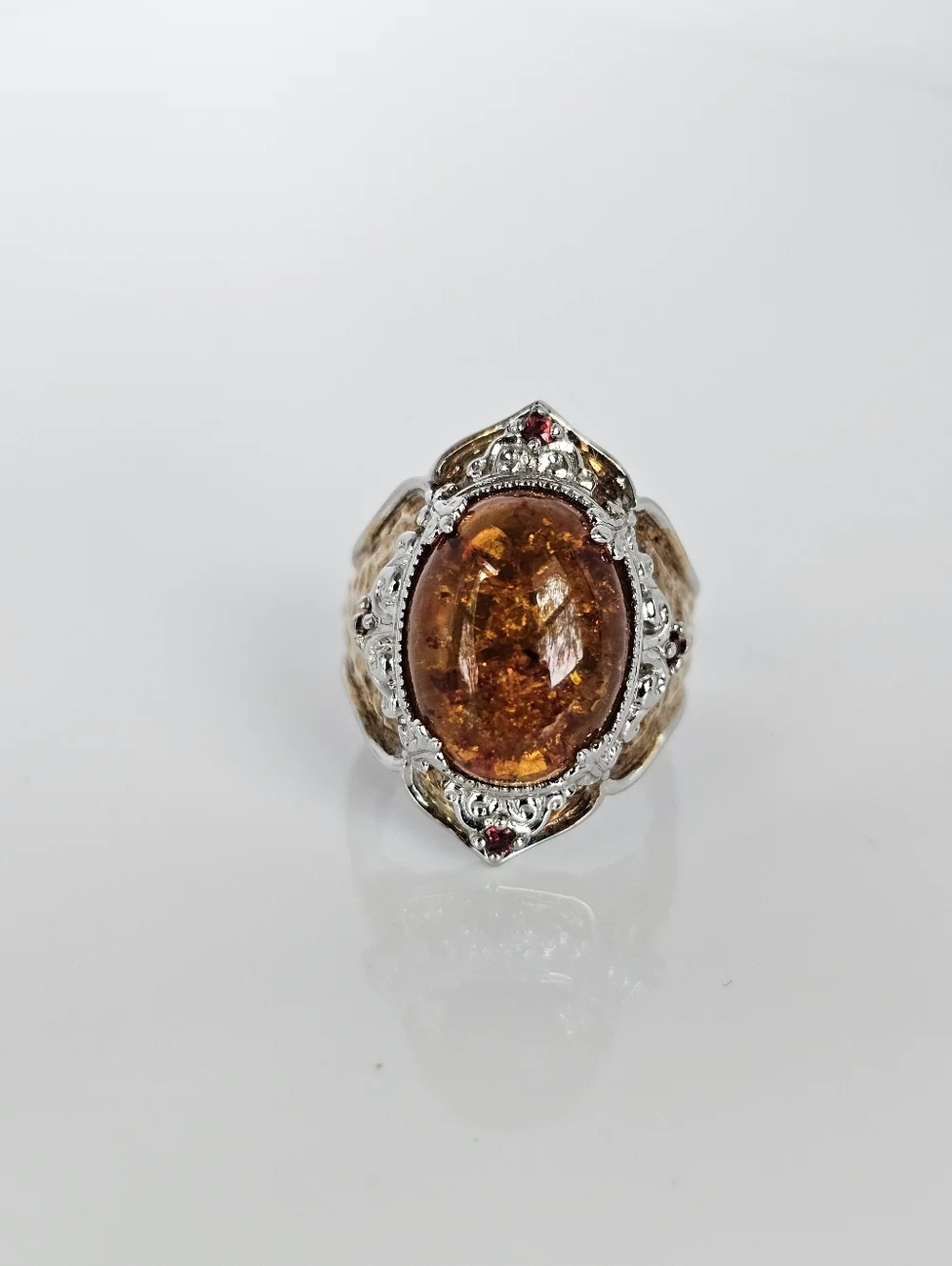 Natural Baltic Amber & Red Sapphire Ring 18K & Palladium Silver Sz 8 - Picture 1 of 5